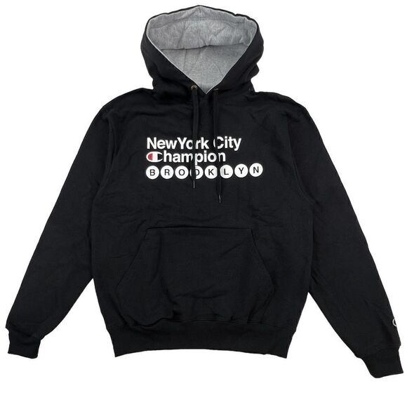 New Champion Men Black Hoodie Logo Printed Long Sleeve Pocket Pullover US M - Picture 1 of 9
